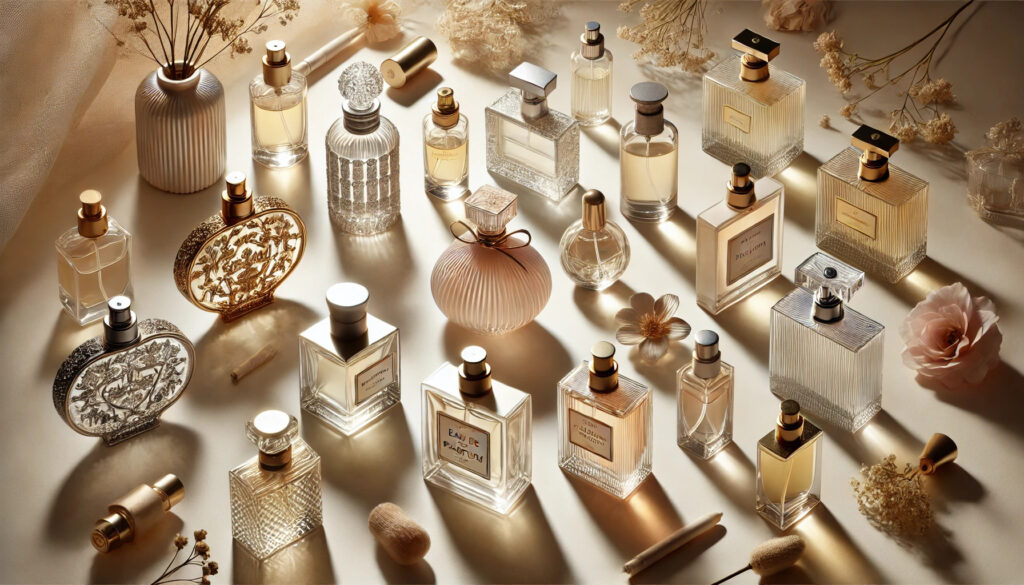 An elegant arrangement of various perfume bottles on a vanity table, representing different fragrance types like Eau de Parfum, Eau de Toilette, and Eau de Cologne.