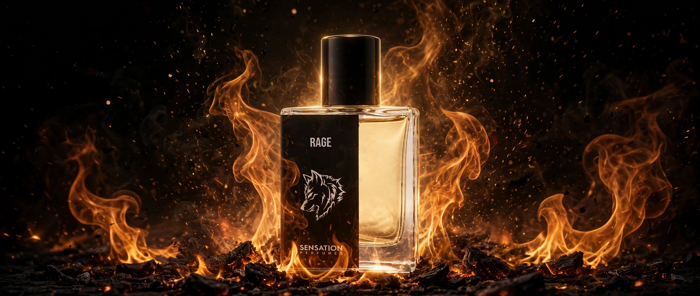 Rage perfume surrounded by fire