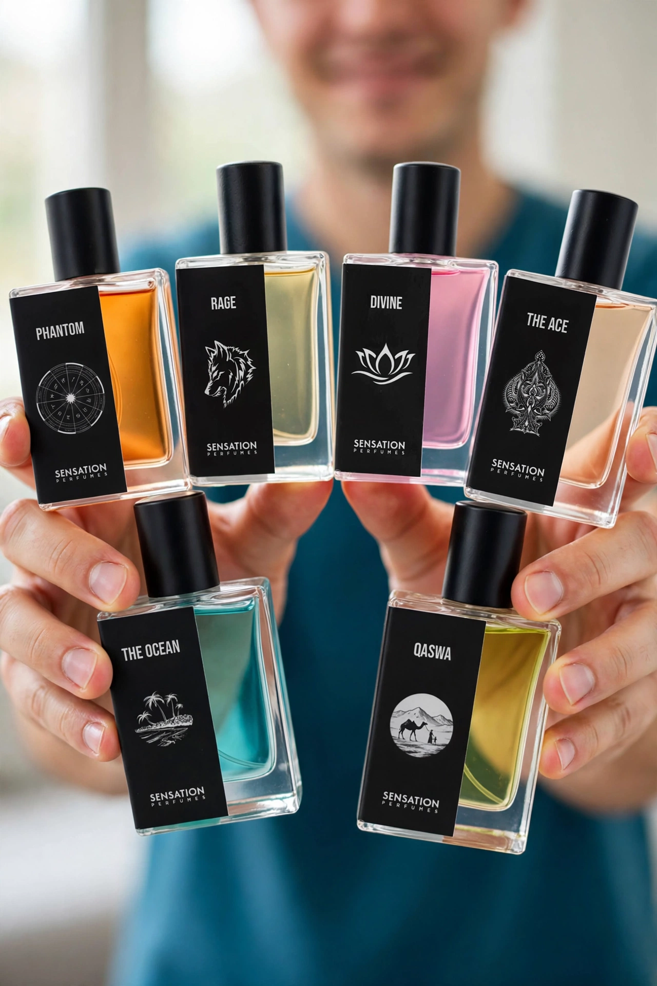 Sensation perfume collection held in hands
